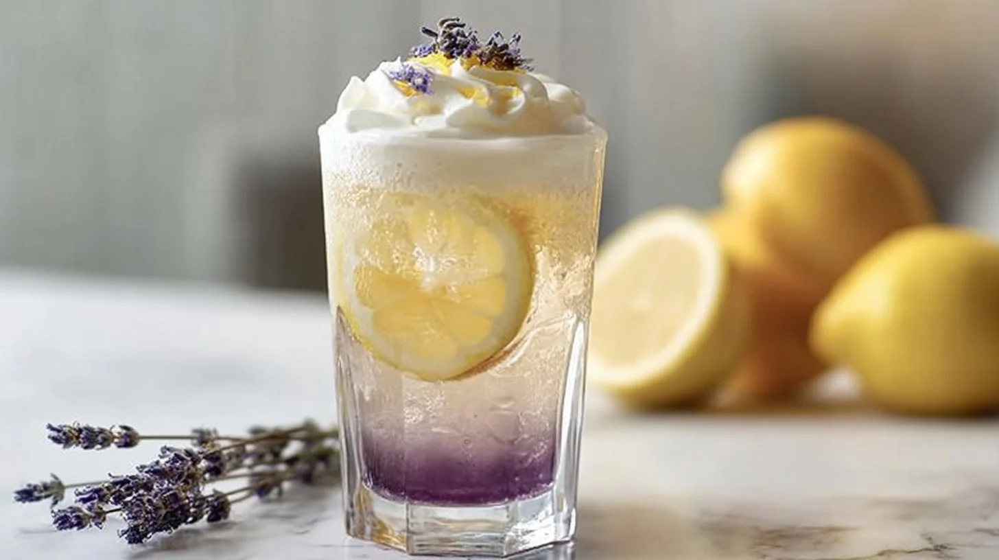 Refreshing lavender lemonade sparkler served in a glass with lemon slices
