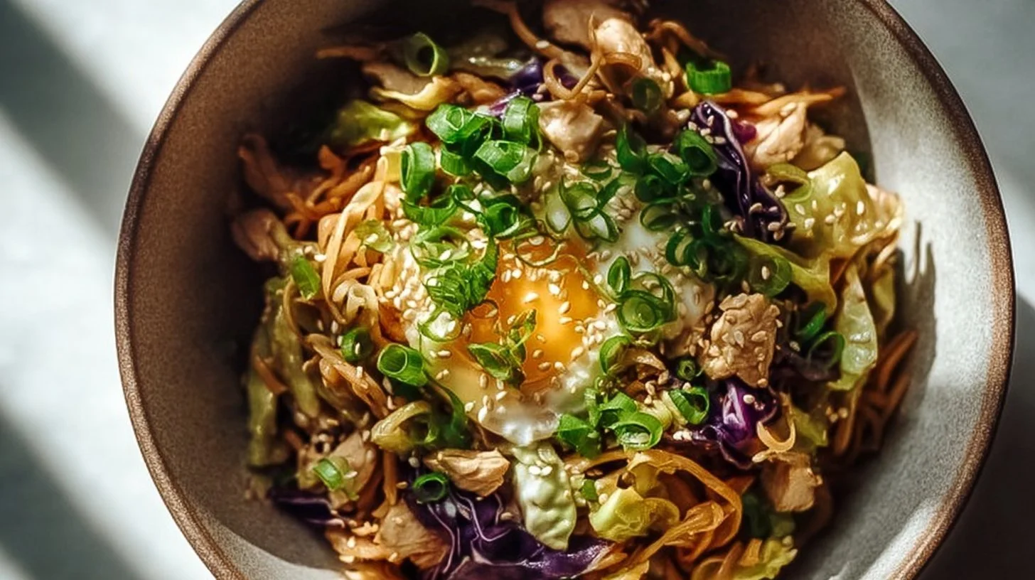 Delicious egg roll bowl with chicken, cabbage, and vegetables served in a bowl