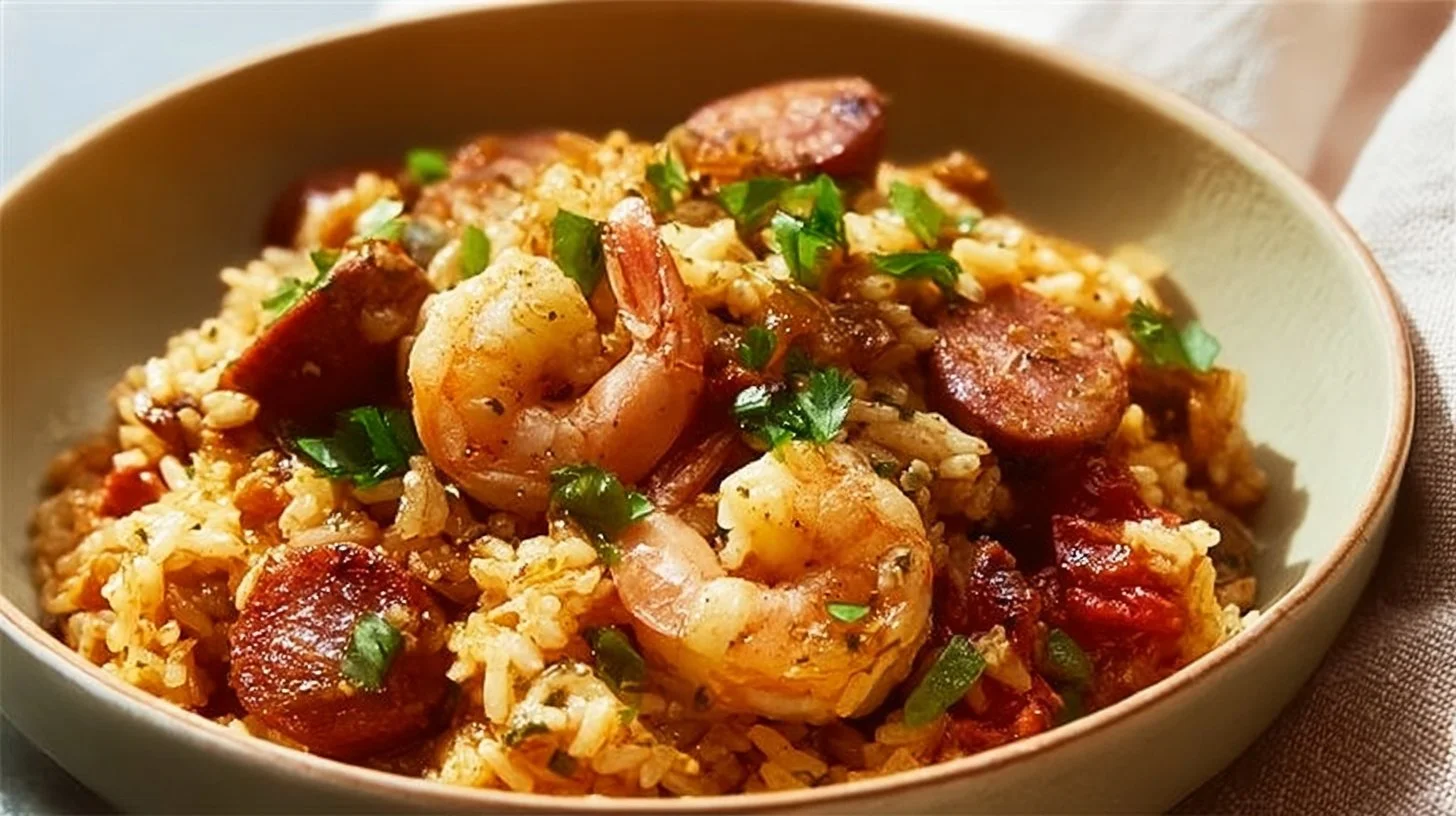 Delicious slow cooker jambalaya served in a bowl with fresh herbs