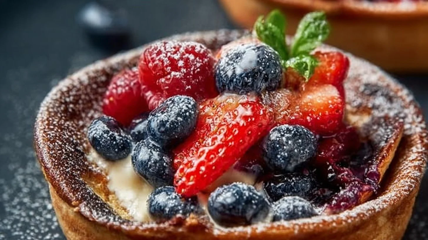 Fluffy baked pancake bowl topped with fresh fruit and syrup