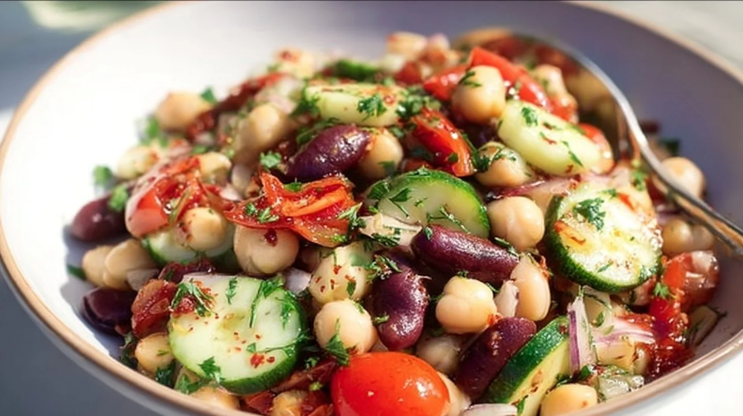 Fresh Mediterranean Bean Salad with colorful vegetables and herbs
