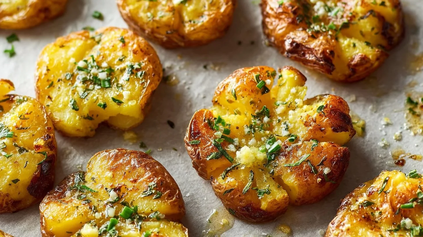 Crispy garlic herb smashed potatoes served as a delicious side dish