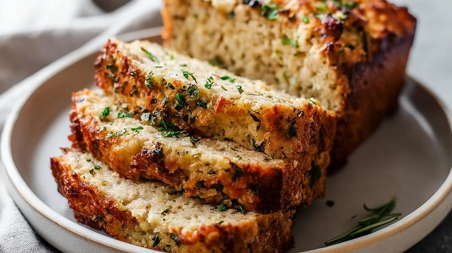 Garlic Parmesan Chicken Meatloaf served with fresh herbs and a side of vegetables.
