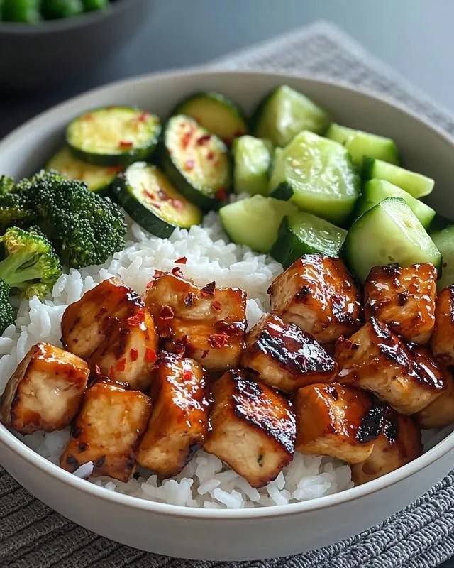 Glazed Chicken Rice Bowl topped with broccoli and cucumber, delicious and nutritious meal.