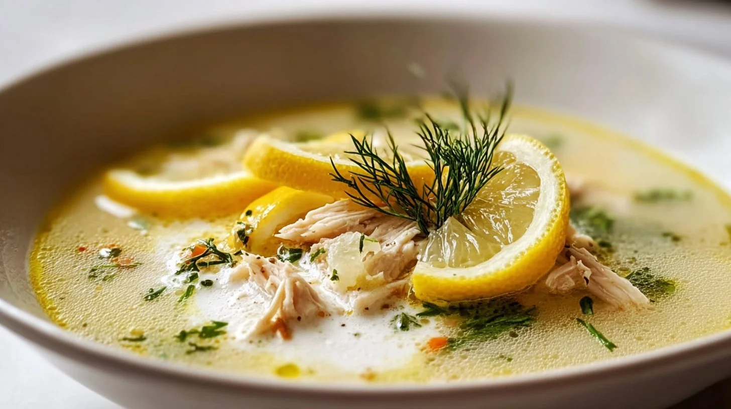 Bowl of Greek Lemon Chicken Soup garnished with lemon and herbs