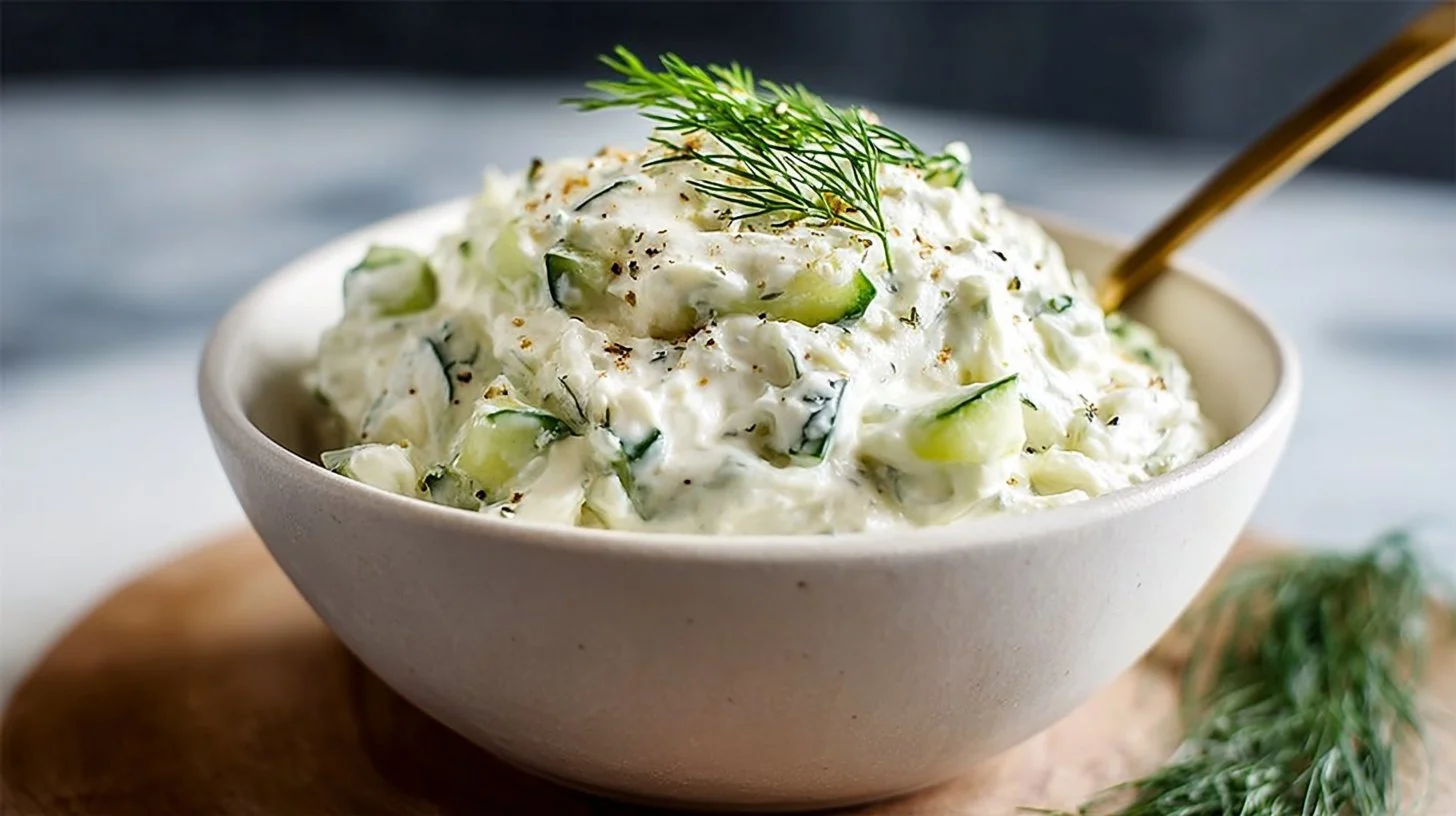 Healthy dill pickle cottage cheese ranch dip served in a bowl