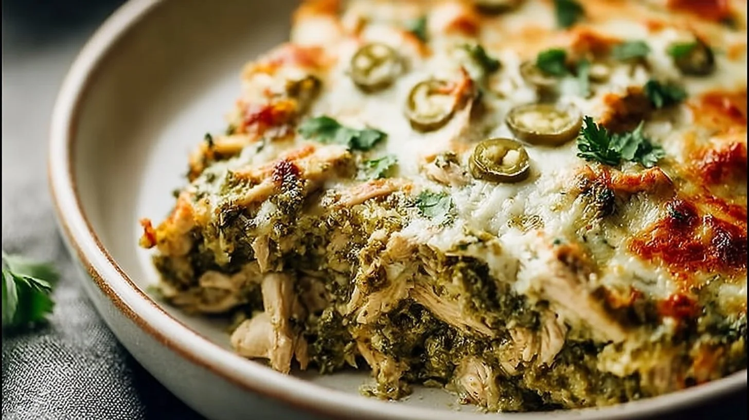 Healthy Salsa Verde Chicken Casserole topped with fresh ingredients