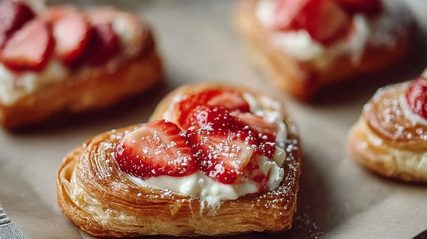 Heart-shaped strawberry cream cheese pastries on a plate