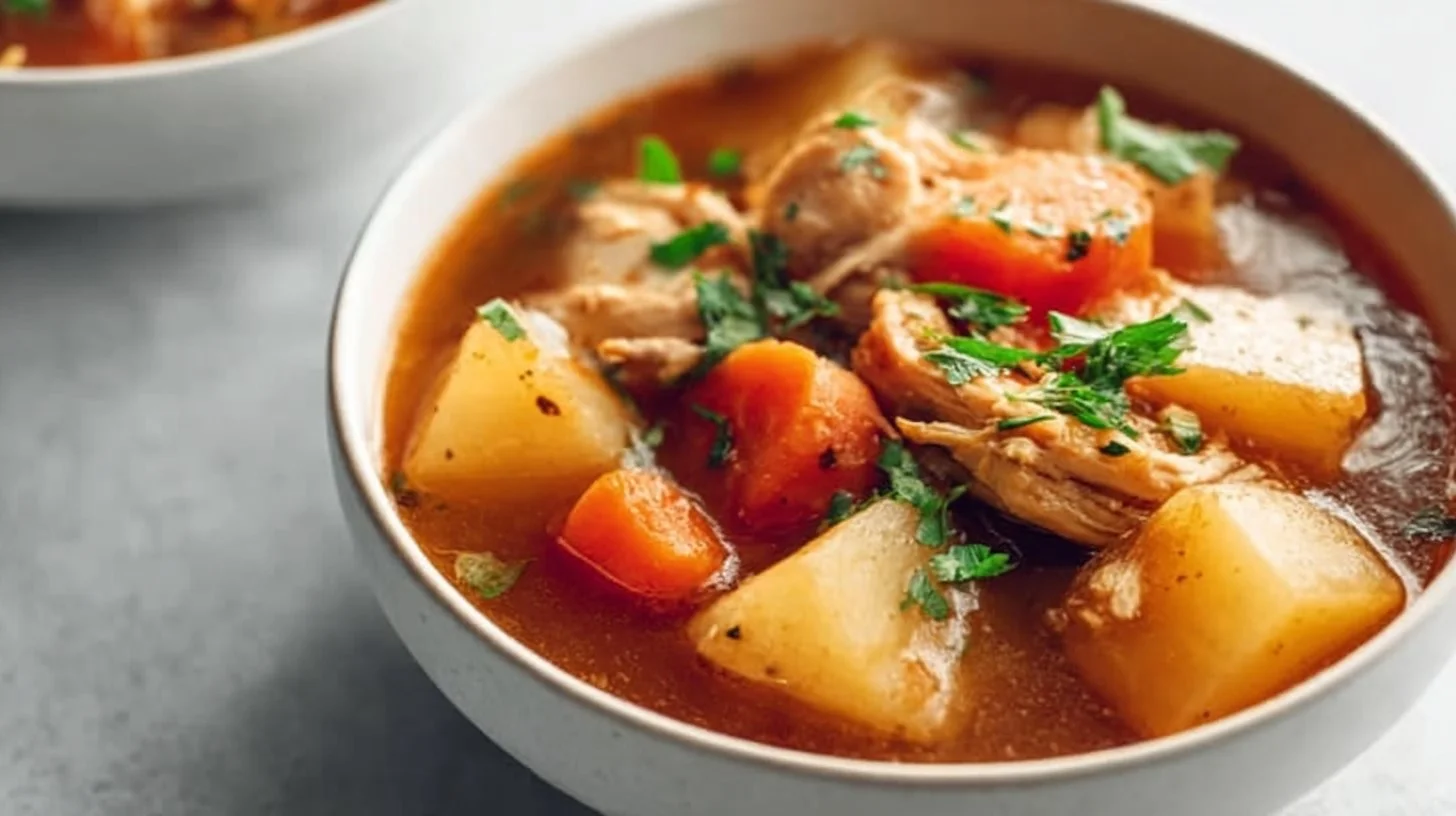 Hearty chicken stew cooking in a slow cooker, filled with vegetables and aromatic spices