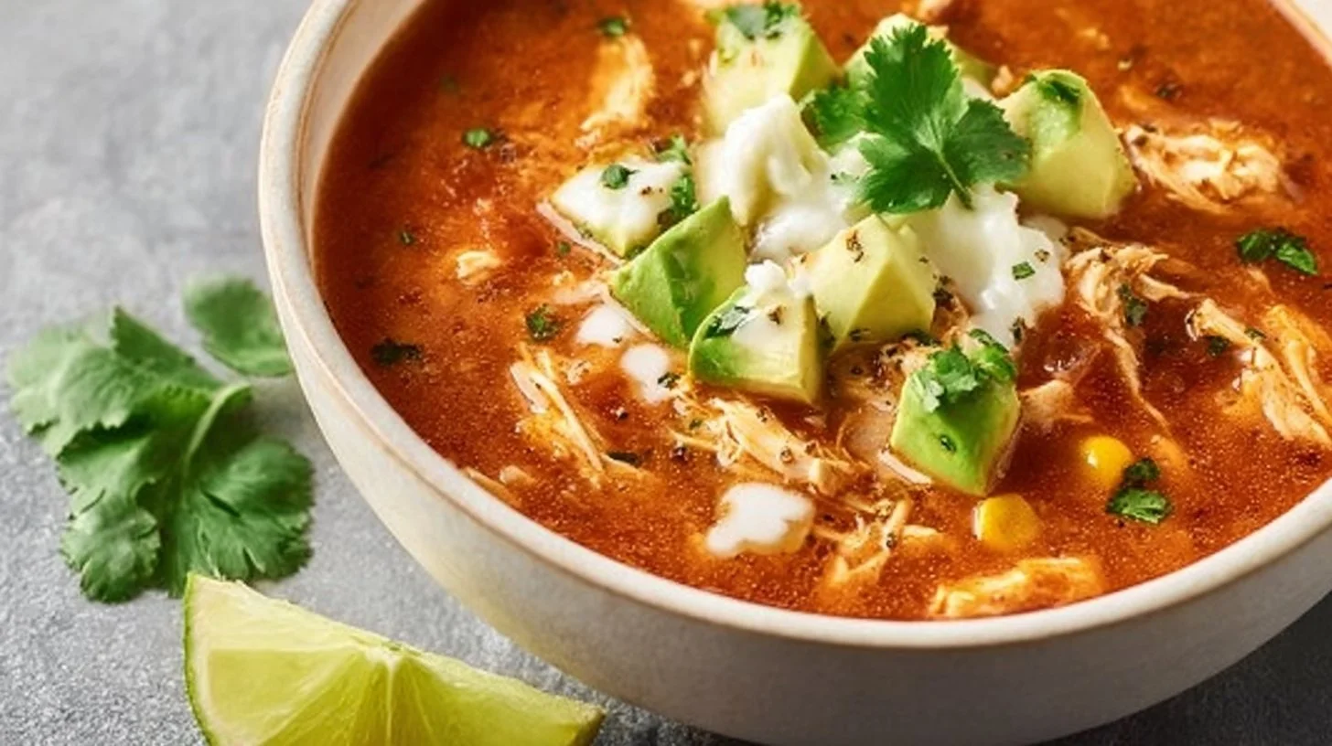 Bowl of hearty chicken taco soup, a nutritious one pot meal with vibrant ingredients.