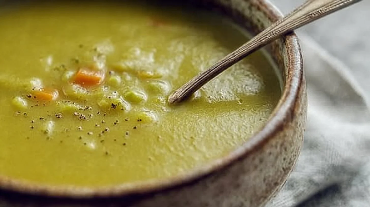 Bowl of hearty split pea soup, garnished with herbs and served with crusty bread.