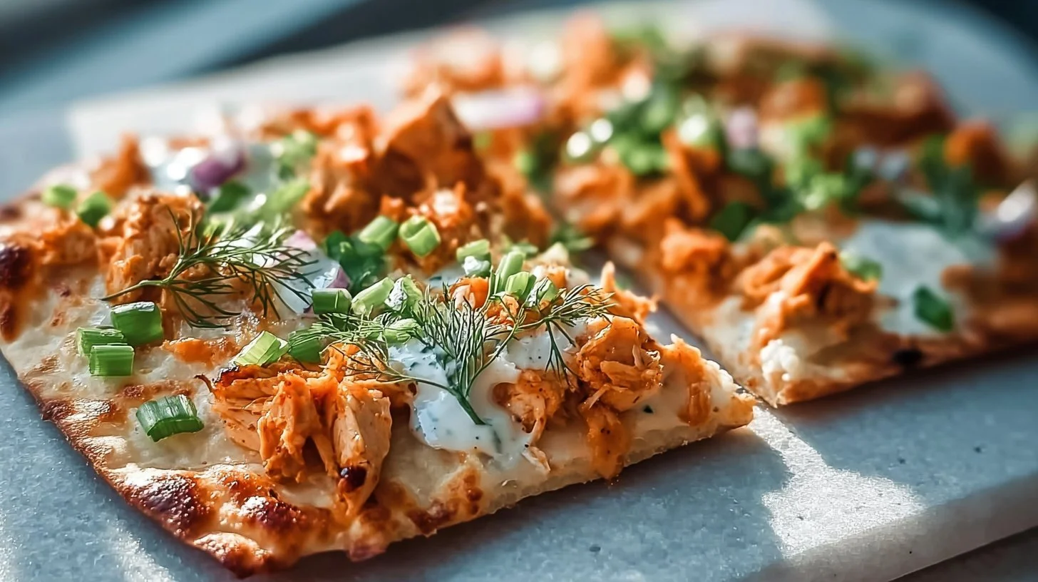 High protein buffalo chicken flatbread with fresh ingredients and bold flavors