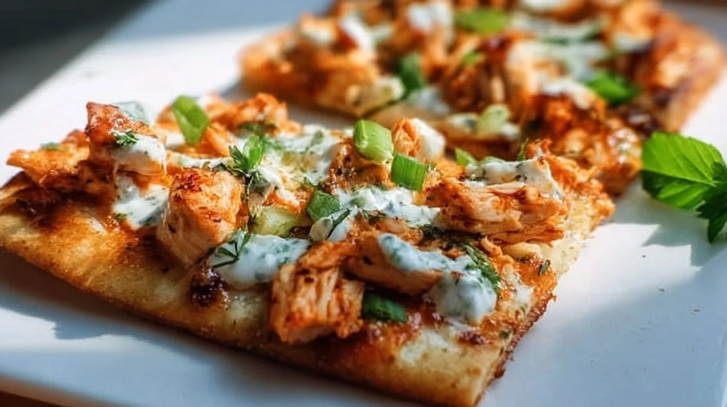 High protein buffalo chicken flatbread with vibrant toppings