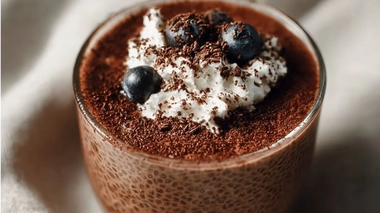 High protein chocolate chia seed pudding topped with fresh berries