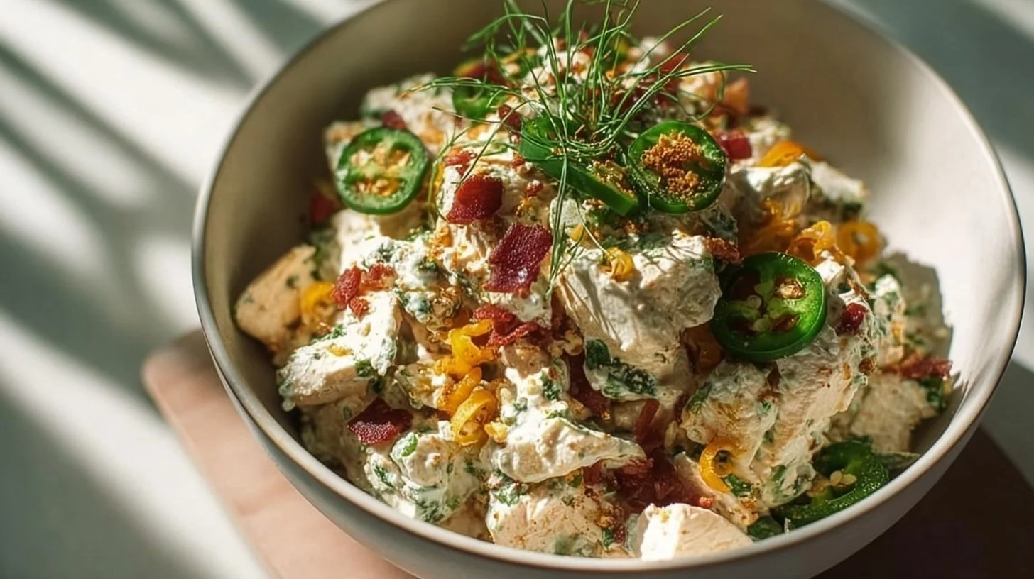 High Protein Jalapeno Popper Chicken Salad in a bowl with fresh ingredients