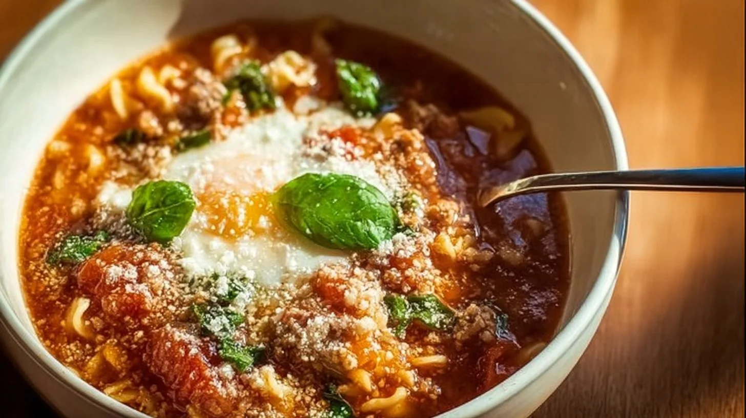 Bowl of high protein lasagna soup with herbs and cheese topping.