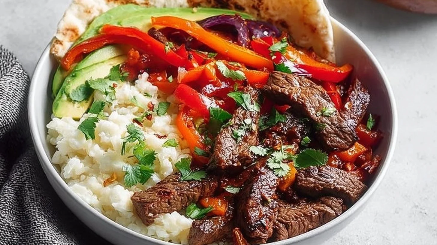 High-protein, low-carb steak fajita bowl with vibrant veggies and spices