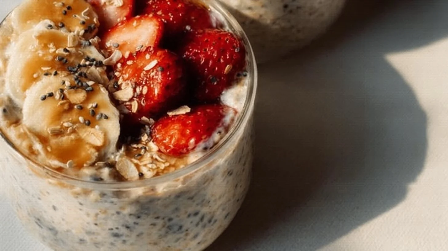 Bowl of high-protein overnight oats topped with fruits and nuts