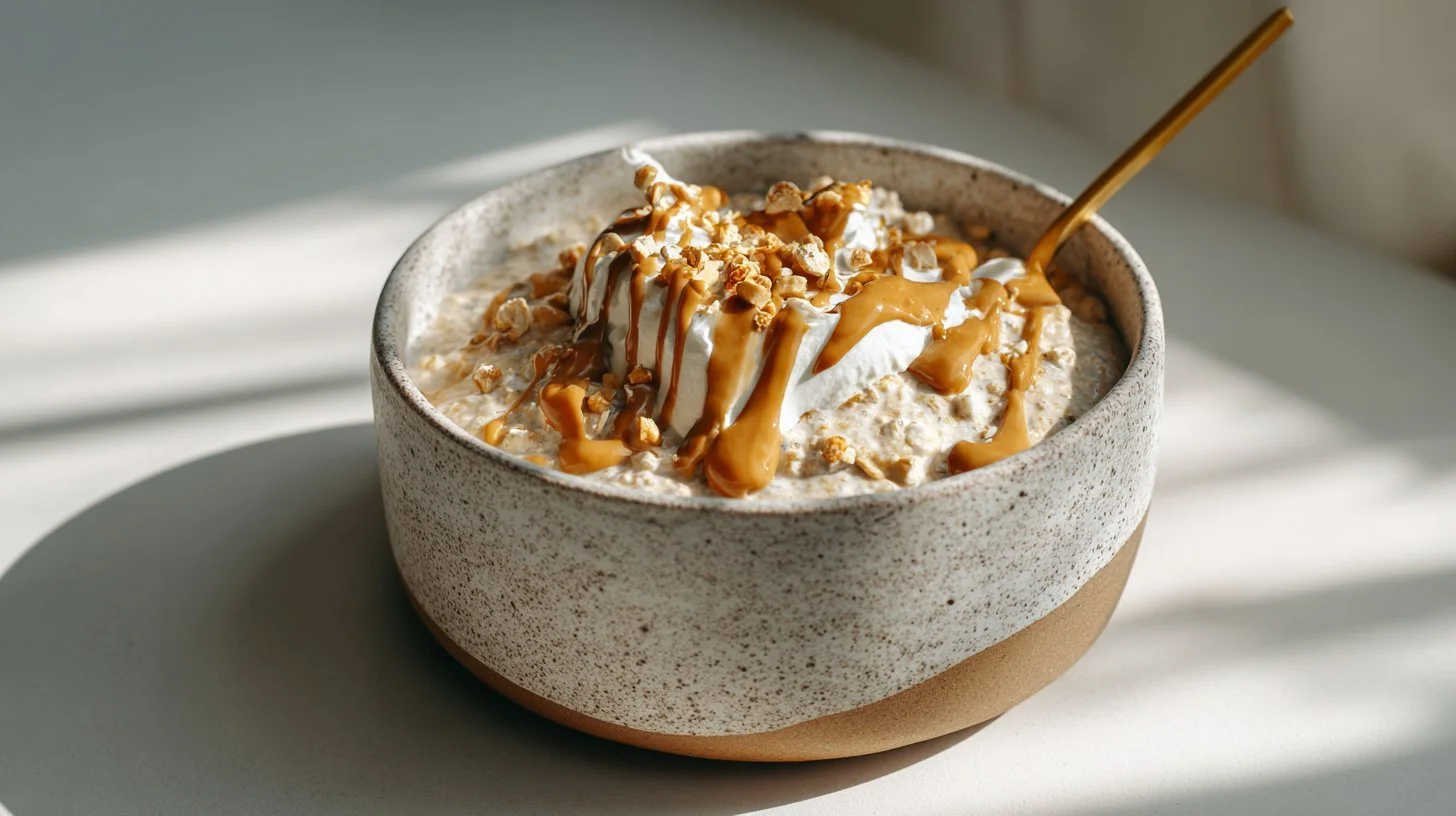 High-protein peanut butter overnight oats in a glass jar topped with nuts