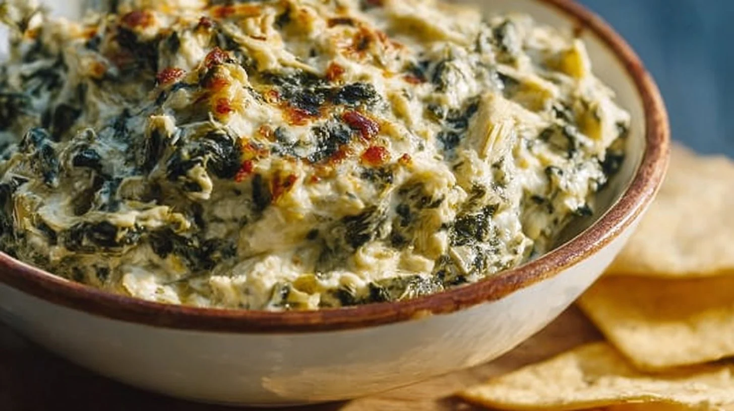 High protein spinach artichoke dip served in a bowl