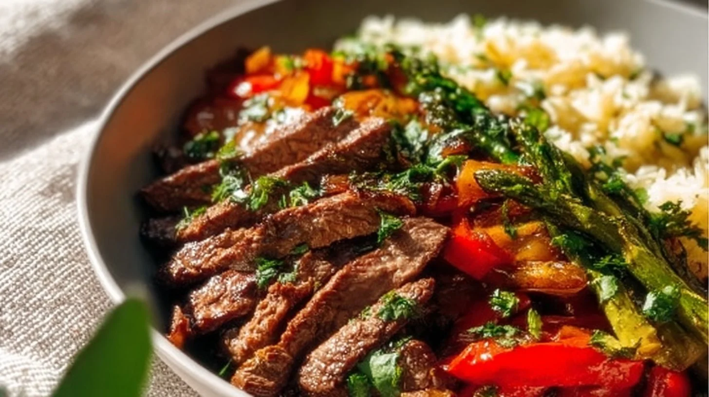 High Protein Steak Fajita Bowl with colorful vegetables and tender beef strips