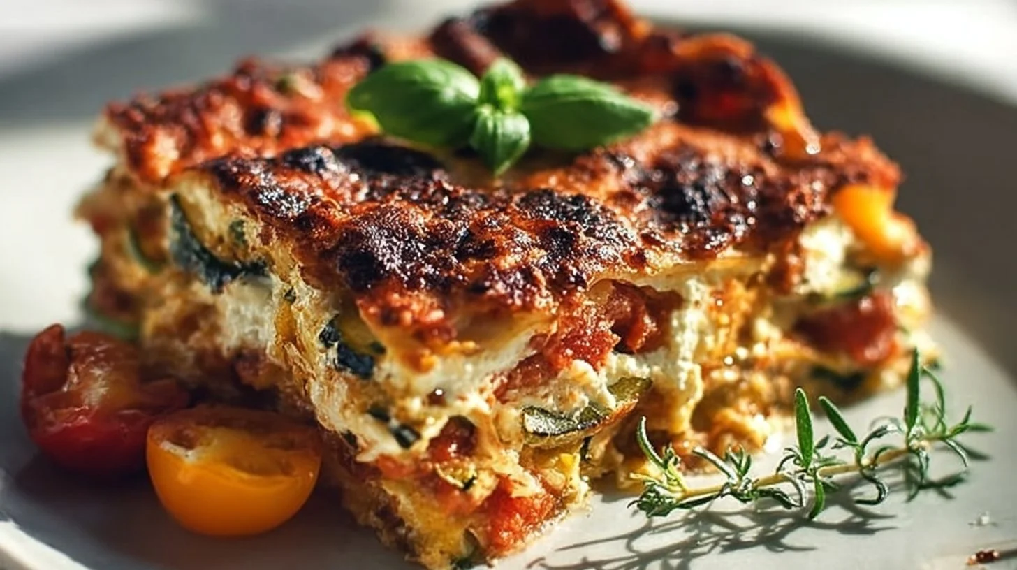 High protein veggie lasagna with layers of vegetables and cheese on a plate