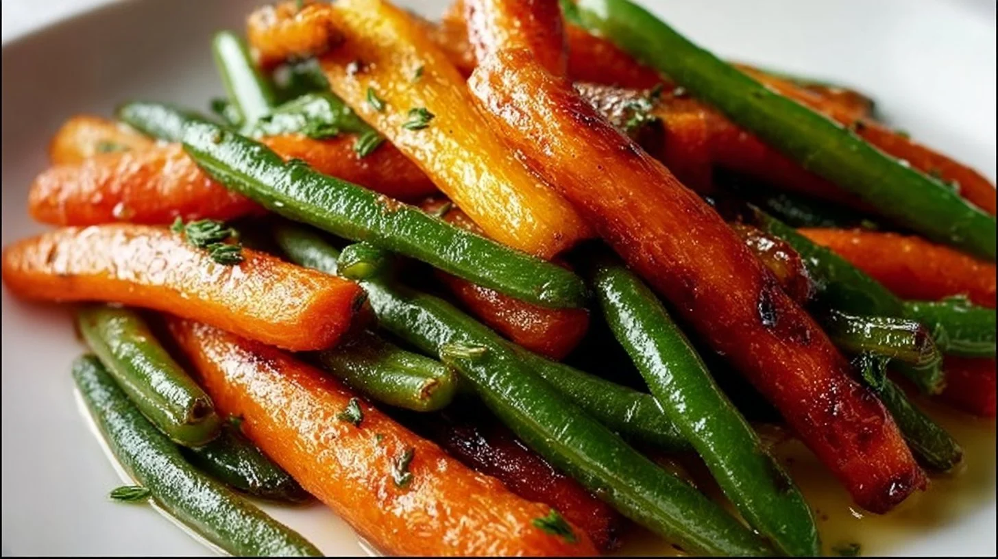 Honey glazed carrots and green beans served as a festive holiday side dish.