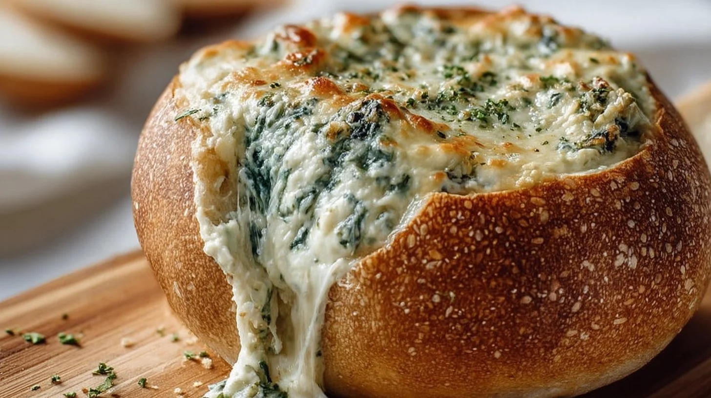 Delicious hot spinach artichoke dip served in a rustic bread bowl