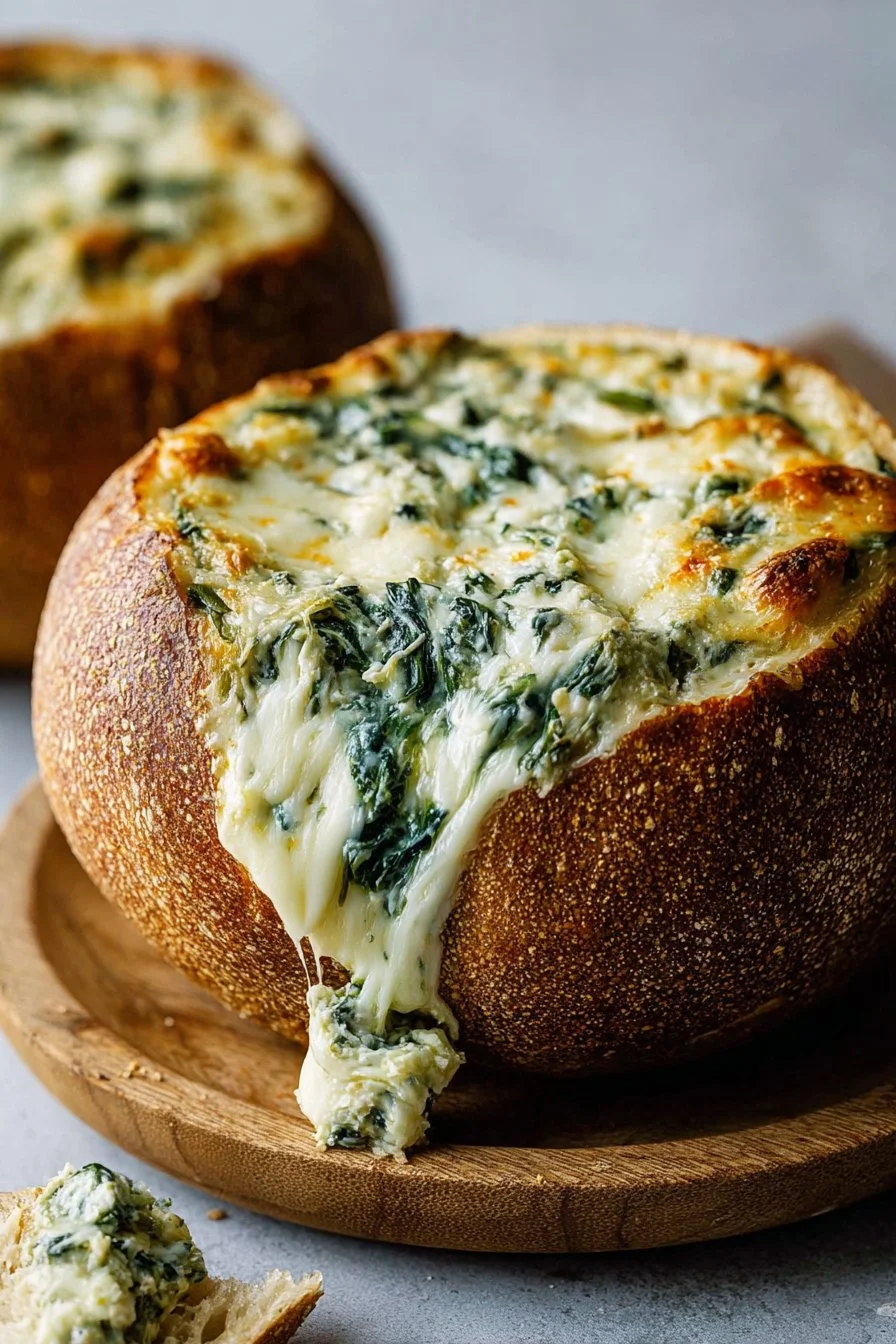 Hot Spinach Artichoke Dip in a Bread Bowl