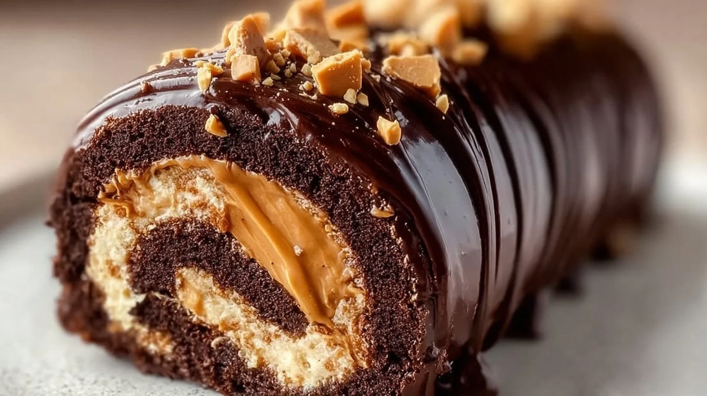 Delicious peanut butter cup chocolate roll dessert showcasing rich layers and toppings.
