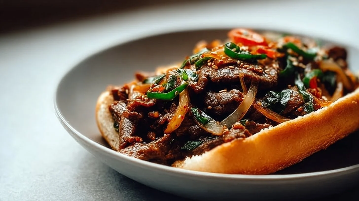 Korean Kimchi Bulgogi Cheesesteak with tender beef and spicy kimchi