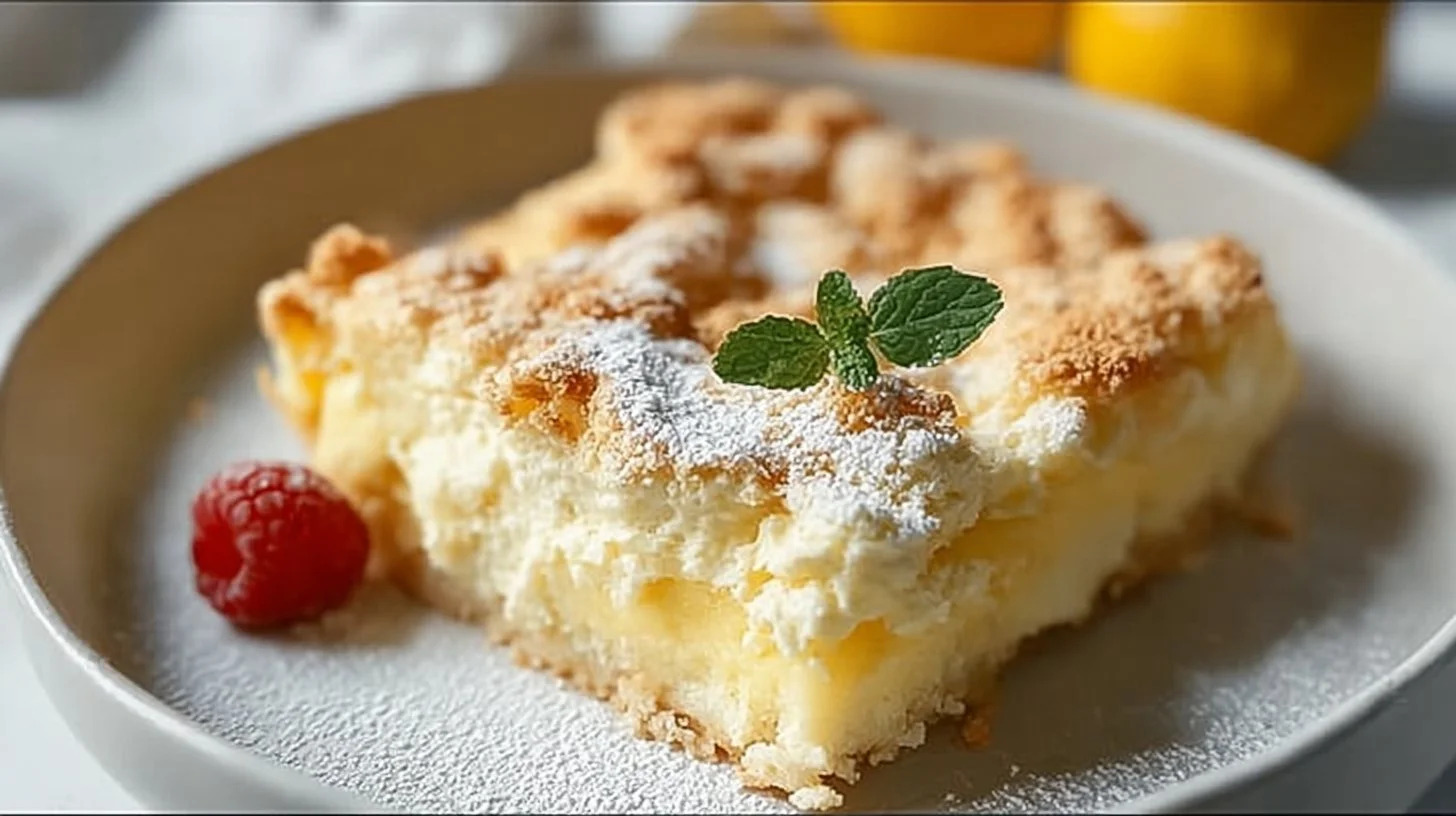 Lemon Cream Cheese Dump Cake served on a plate with fresh lemon slices.