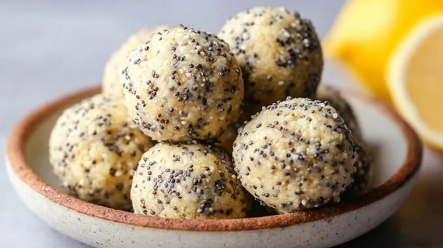 Lemon poppy seed energy bites served on a wooden platter