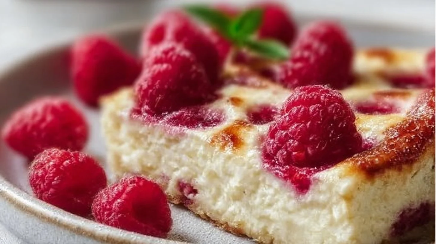 A vibrant Lemon Raspberry Bake featuring layers of cottage cheese and fresh raspberries