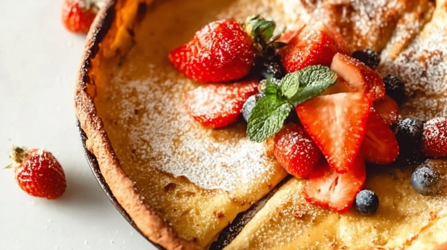 Light and fluffy Dutch baby pancake served with fruit and powdered sugar.