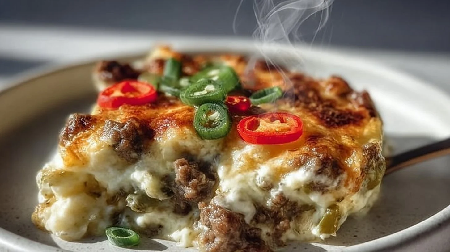 Delicious low carb Philly cheesesteak casserole topped with melted cheese.