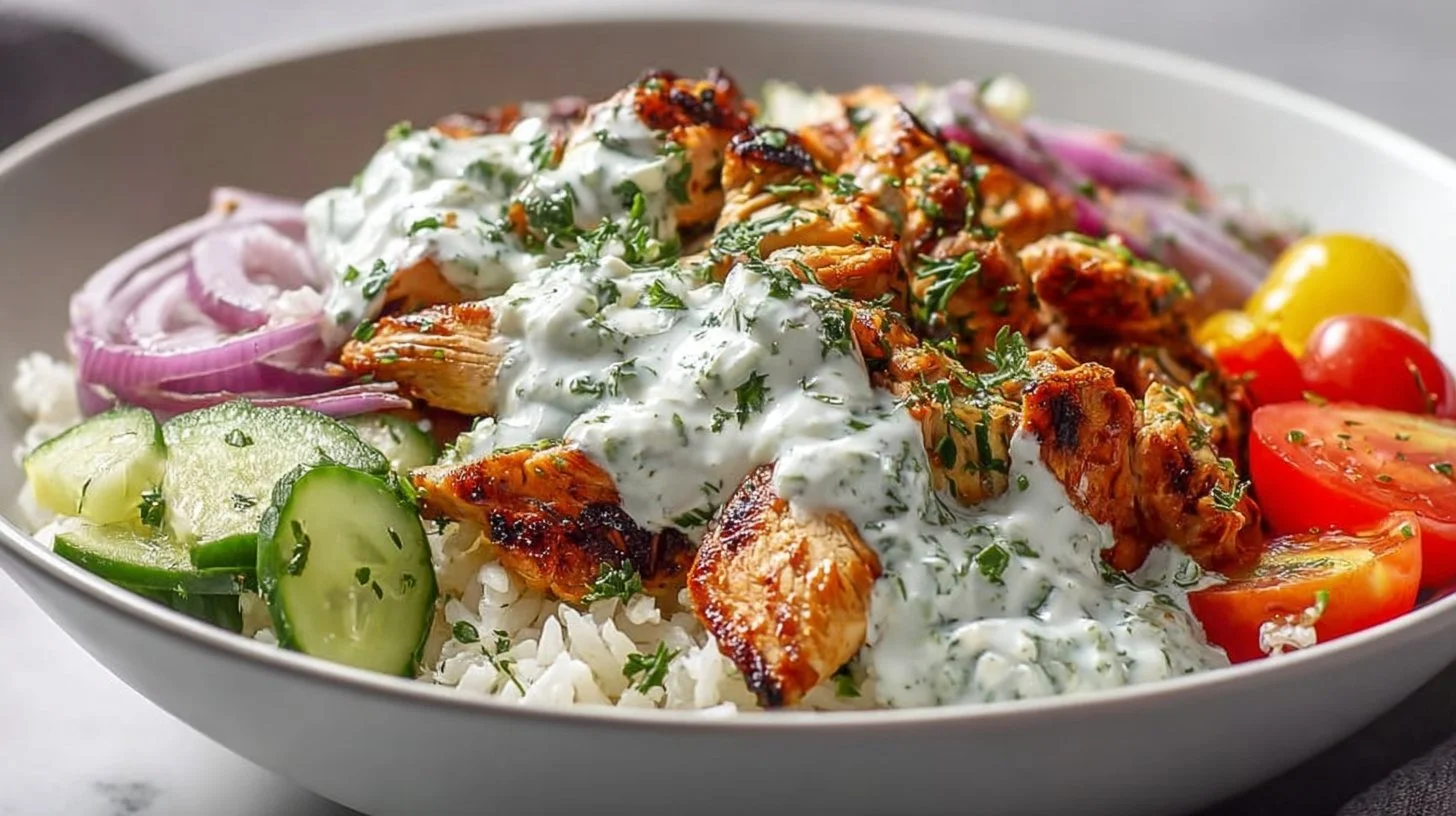 Mediterranean Chicken Bowl topped with Tzatziki sauce and fresh vegetables.