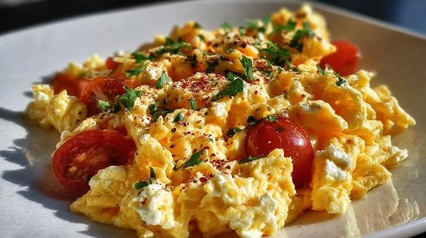 Plate of Mediterranean scrambled eggs with fresh vegetables and herbs