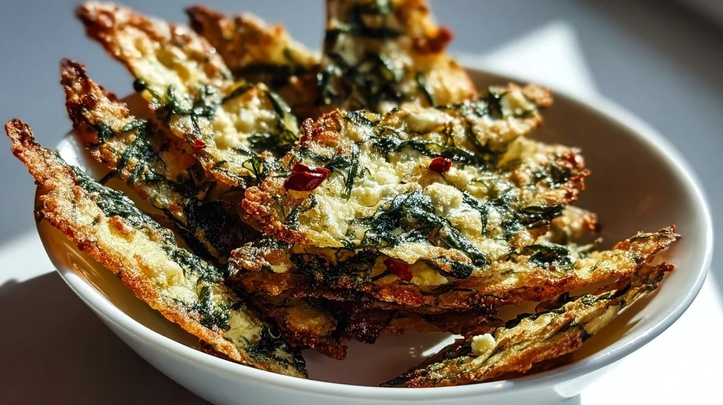 Mediterranean spinach feta crisps served on a platter