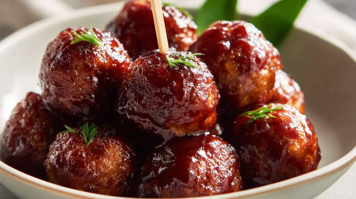 Mini party meatballs with cranberry BBQ glaze served on a platter.