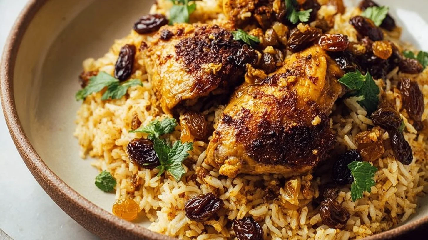 Moroccan chicken and rice with warm spices, raisins, and vibrant herbs.