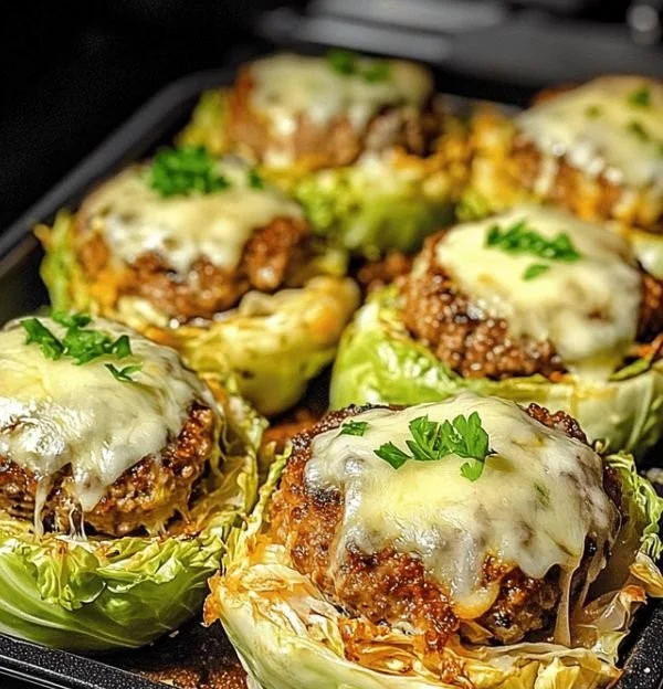 Oven-baked cabbage burgers on a plate, showcasing a healthy meal option.