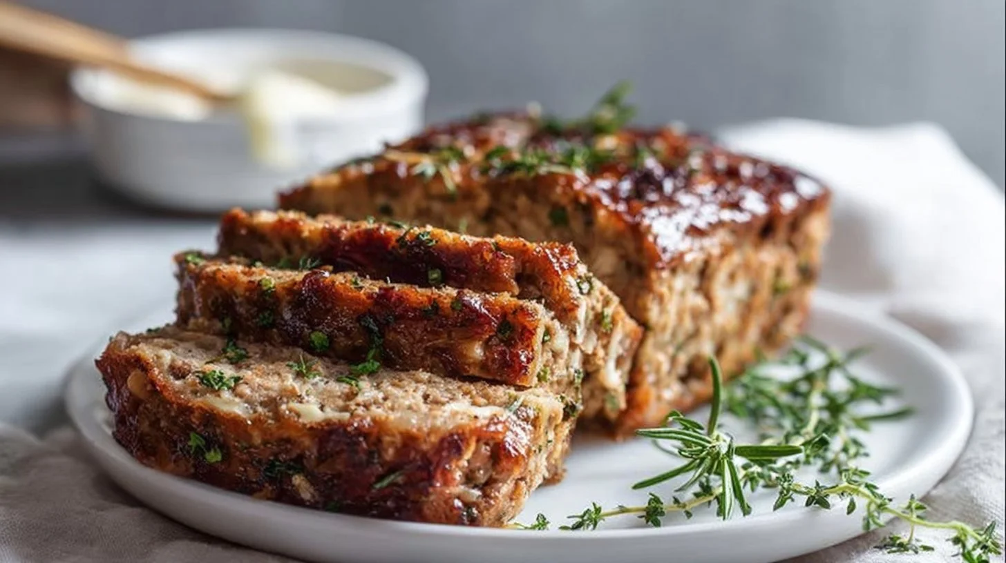 Parmesan Meatloaf Twist served on a plate with herbs
