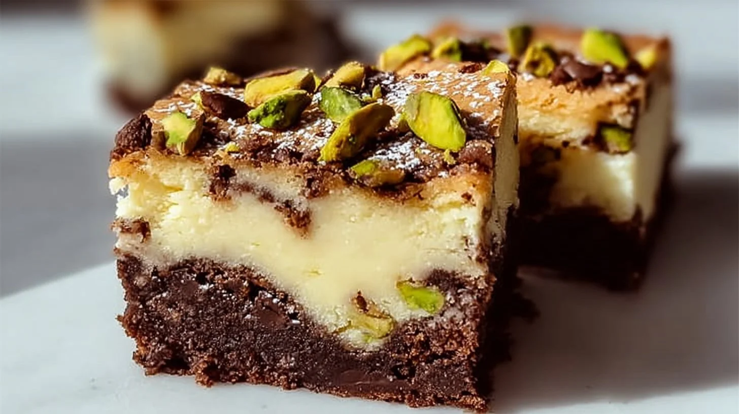 Delicious pistachio cheesecake brownies with a creamy layer and nutty topping.