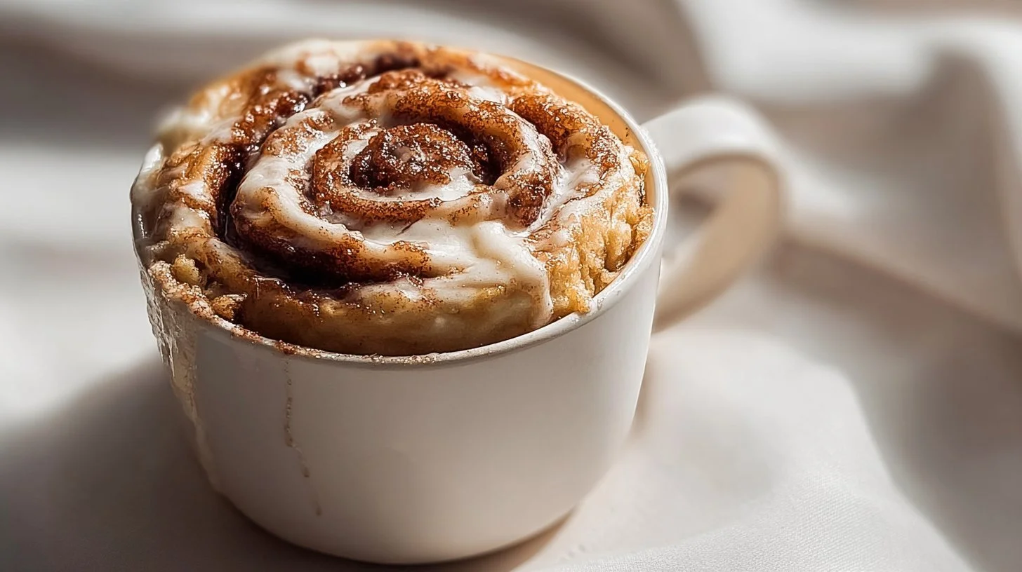 Protein cinnamon roll mug cake topped with cinnamon and protein sprinkle
