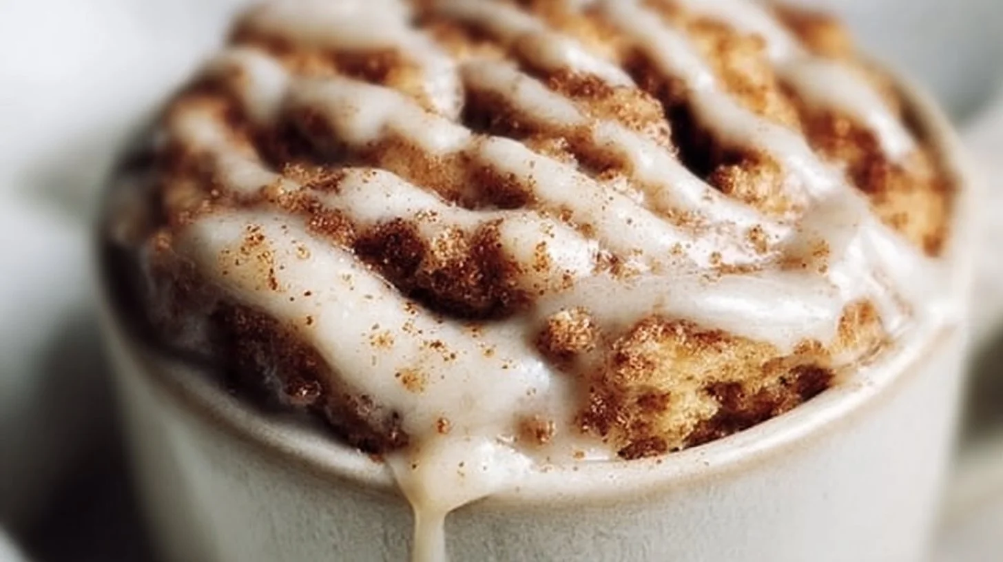 Protein Cinnamon Roll Mug Cake topped with icing and cinnamon in a mug