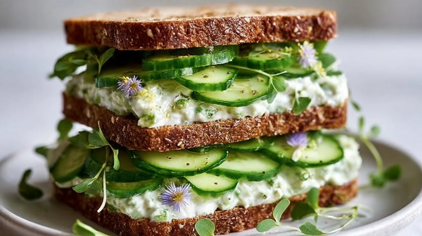 Quick cucumber salad sandwiches with fresh ingredients on a plate.