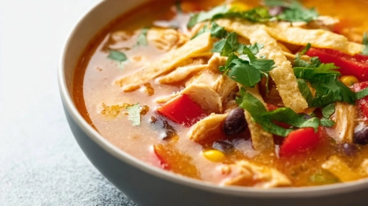 Bowl of quick one pot chicken taco soup garnished with cilantro and lime