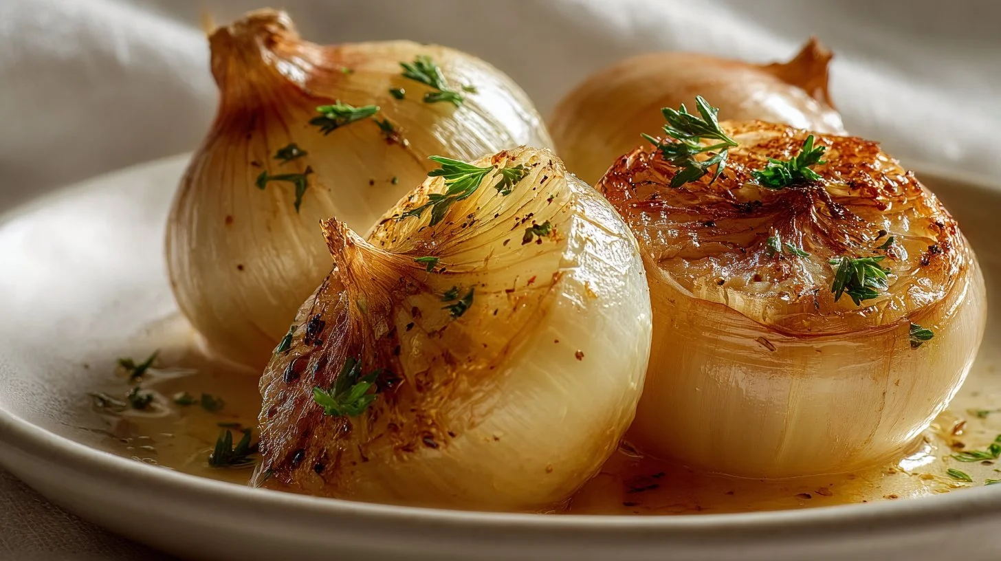 Savory baked onions topped with herbs and cheese on a serving platter
