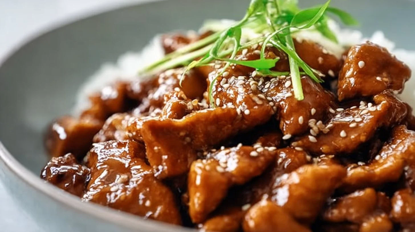 Savory Bourbon Chicken Thighs in a crockpot ready to serve.